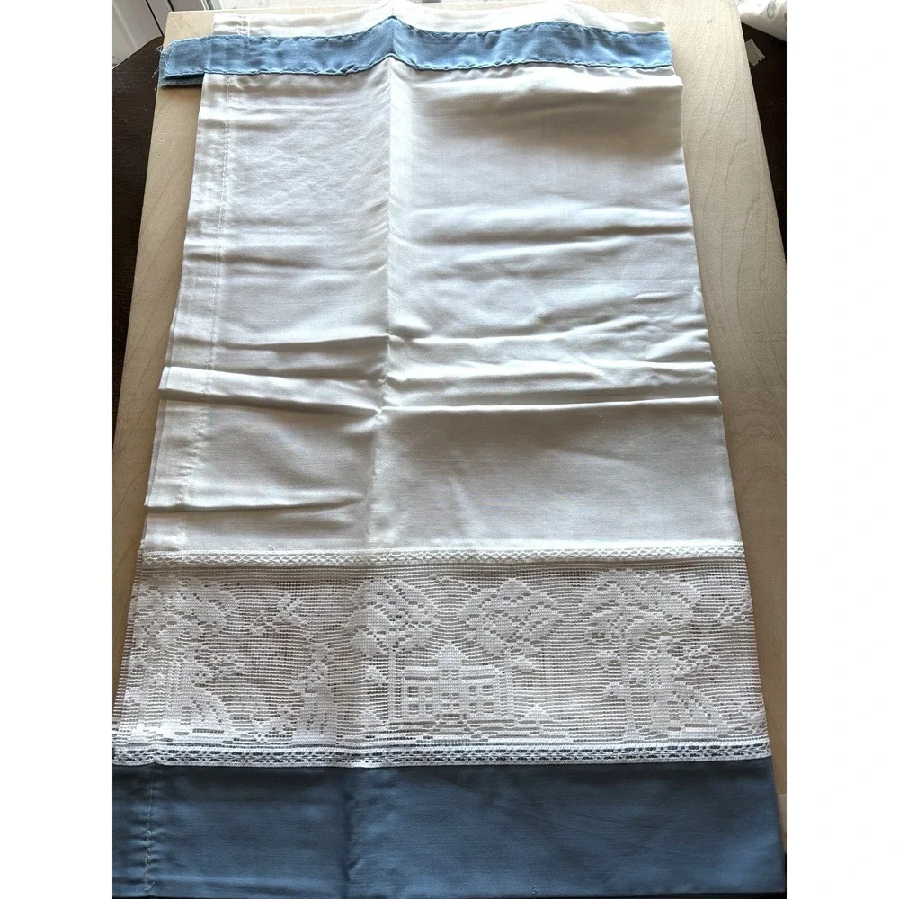 Vintage 1980s Curtain Tier Pair Lace White Blue New 52